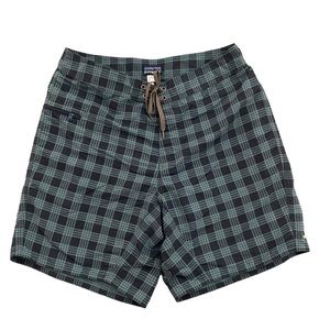 Patagonia Wavefarer Board Shorts Mens 34 x 7.5 Gray Plaid Swim Trunks Drawstring